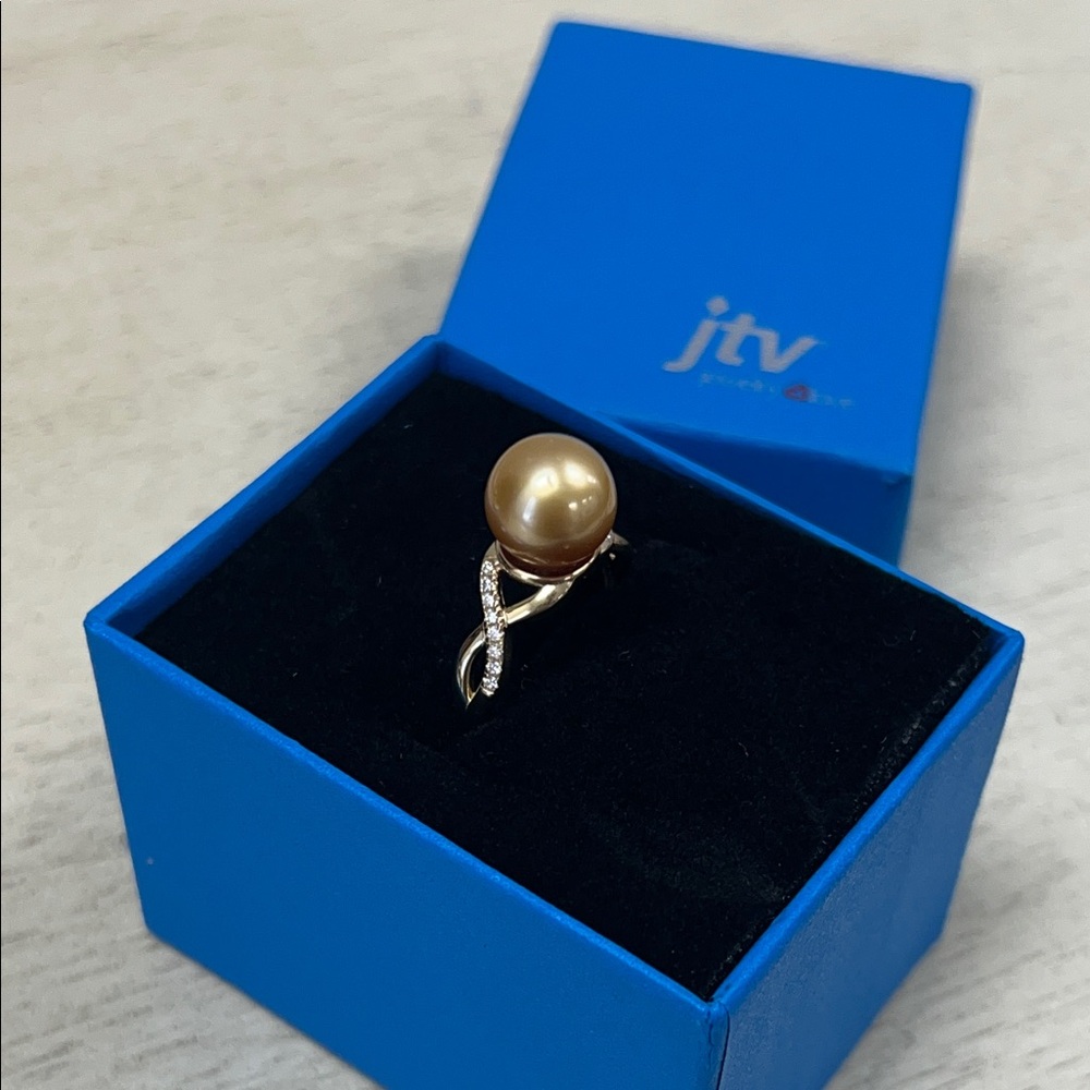 NIB - JTV Golden South Sea Pearl & Moissanite Ring 18k Gold over Silver – Sz 8 - Picture 6 of 11